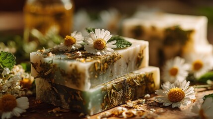 Natural Herbal Soap Bars with Chamomile Flowers
