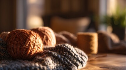 Neutral Wool Yarn and Knitted Fabric Close-Up
