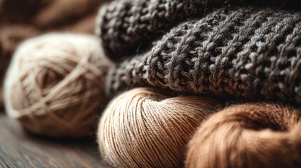 Neutral Wool Yarn and Knitted Fabric Close-Up
