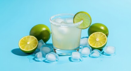 Refreshing Cocktail with Limes and Ice Cubes on a Blue Background