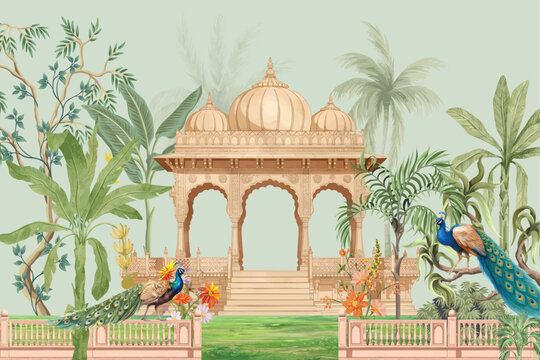 Traditional Mughal dome architecture with botanical garden illustration. Mughal garden pavilion with peacocks mural wallpaper.