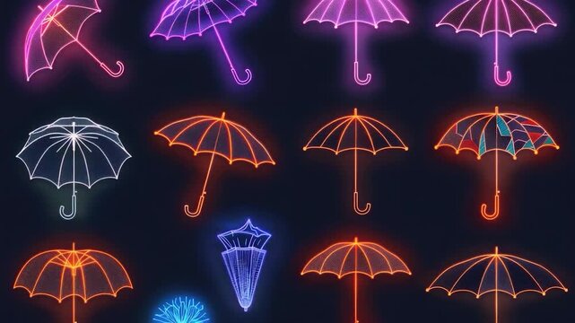 A collection of colorful neon umbrellas against a dark black background