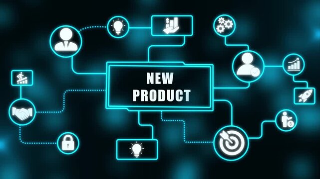 Animated neon diagram illustrating new product development business strategies concept