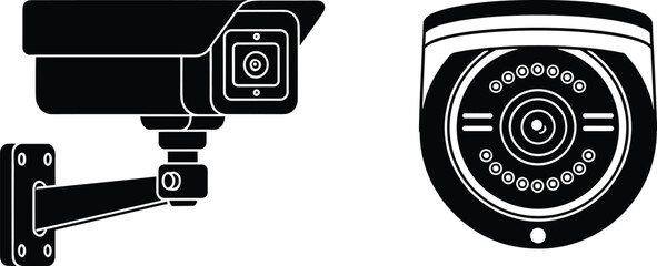 Two different security camera illustrations, a bullet camera and a dome camera, representing modern surveillance and home security technology vector graphics © MDABDULLAHAL
