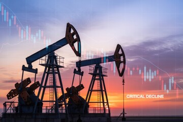 Oil Pumps and Market Decline: The image is of two oil pumps, set against the backdrop of a dramatic sunset. In the background, a digital illustration of a declining market graph.