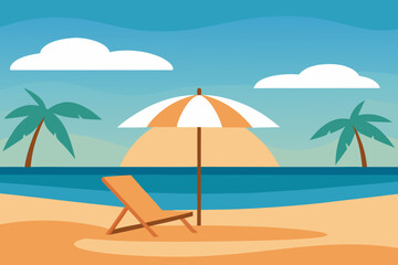Tropical beach scene with lounge chair and umbrella
