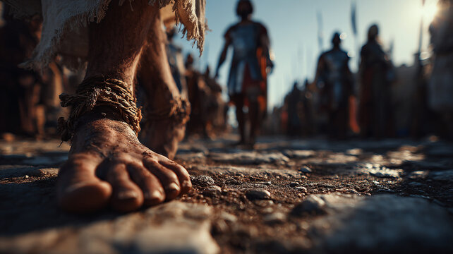 The bare, wounded feet of Jesus Christ on the road to Golgotha, The Life of Jesus Christ.