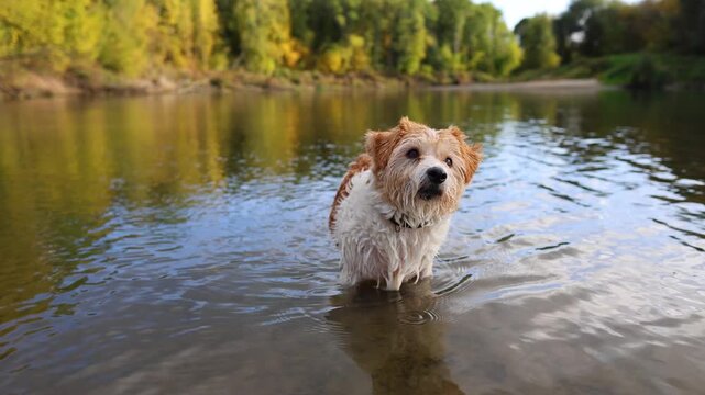 A dog on the bank of a forest river. A wirehaired Jack Russell wades through the water. A pet on the shore. A terrier walks in an autumn park.