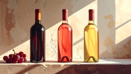 Three wine bottles, displaying shades of red and gold, sit on a textured surface, bathed in natural light, creating a still life composition.