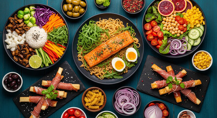 Fototapeta premium Overhead Food Photography of Colorful Balanced Mediterranean Inspired Dishes for Promotional Campaigns, Nutritional Education, Lifestyle Magazines, Restaurant Advertising, or Food Industry Promotions