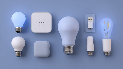 Arrangement of smart home lighting and automation devices on a blue background, showcasing modern technology for energy efficiency and convenience