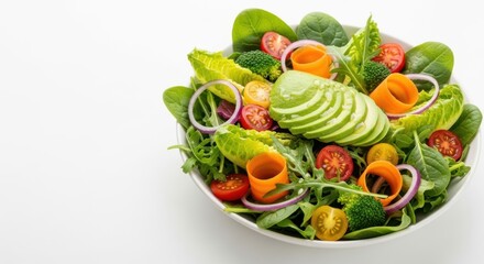 Fresh salad with salmon isolated on white background	
