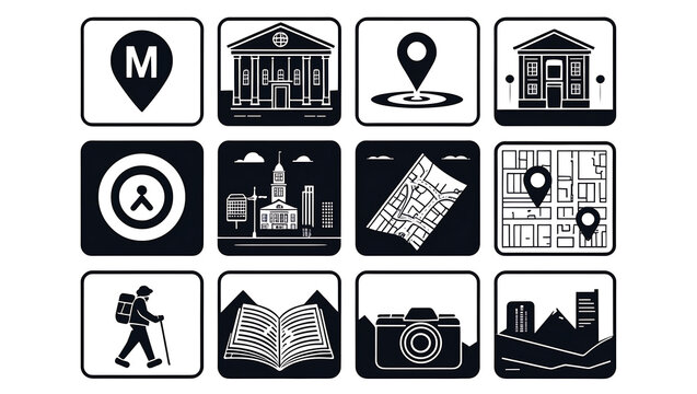 Collection of black and white icons isolated on white background