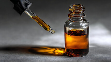 Closeup of a dropper dispensing cbd oil into a bottle, highlighting the use of cannabis extract for alternative medicine and wellness