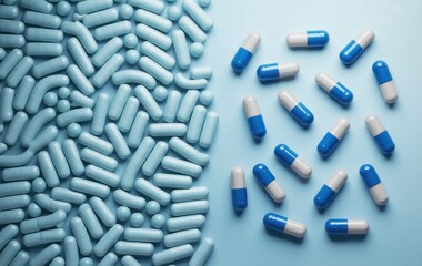 Pharmaceutical Precision: A meticulously arranged assortment of capsules in hues of blue and white, artfully displayed against a cool, serene backdrop. This image symbolizes health, medicine.
