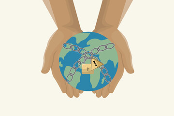 Two hands protectively holding Earth globe wrapped in chain with padlock showing environmental protection and planet security concept. Flat style. Environmental conservation. Vector illustration