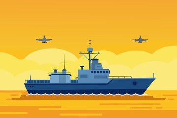 Obraz premium Naval destroyer and jets in a stylized sunset sky