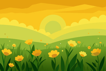 Fototapeta premium Golden sunset over rolling hills and wildflowers