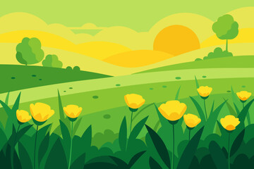 Fototapeta premium Vibrant spring meadow with yellow flowers and rolling hills