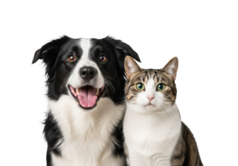 Happy black and white Border Collie mix dog and curious tabby cat standing side-by-side, looking at camera in a professional, soft-lit transparent studio; concept of pet companionship