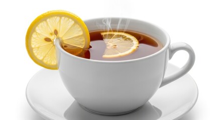 Hot tea with lemon slice  isolated on white background	