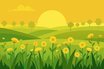 Fototapeta premium Vibrant yellow flowers bloom in a rolling green landscape under a warm sunset