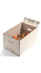 Light beige cardboard box, open top, containing small, dried, orange gourds or similar items, sits on a plain white surface.