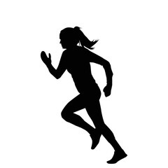 A dynamic silhouette of a female runner in motion, set against a plain white background.