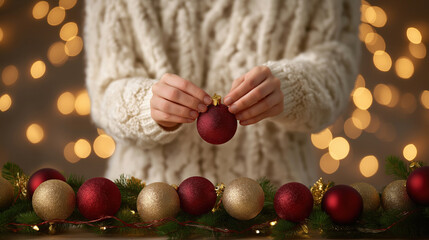 Cozy hands of a person in a knitted sweater are decorating a festive table with red and gold ornaments, surrounded by soft glowing lights creating a warm holiday atmosphere