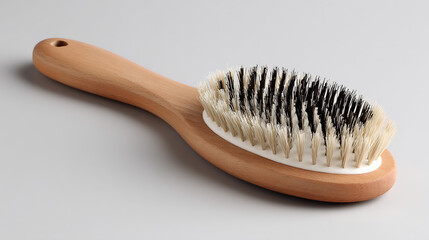 A wooden brush with white and black bristles lies on a light gray surface, showcasing its natural materials and simple design, isolated on white background