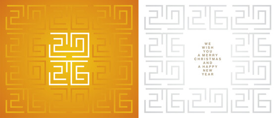 Happy New Year 2026. White silver grey cyberspace high tech year 2026 typography. Greek mystic maze ornament abstract pattern on yellow orange white background