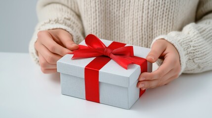 Female hands gently holding a beautifully wrapped gift box with a red ribbon, showcasing the excitement of giving and receiving presents during festive celebrations