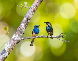 Fototapeta premium Two colorful birds on a branch, bokeh background