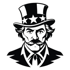 Black and White Vector Portrait of Man in Top Hat with Stars