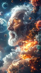 Elderly scientist gazing at cosmos,  surrounded by cosmic elements