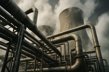 Intricate industrial pipes and cooling towers at a power plant in monochrome