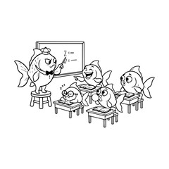Funny fish teacher in classroom with students learning mathematics lesson