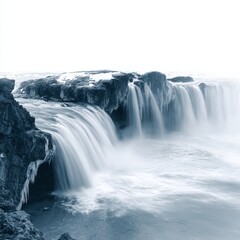 Serene Waterfall Cascading: Capture the captivating power of nature as a majestic waterfall gracefully plunges over rugged rocks.