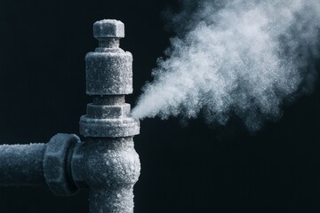 A frozen industrial pipe releasing a plume of steam against a dark background