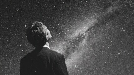 Obraz premium Man looking at Milky Way galaxy Black and white photo Dreamy night sky scene Space exploration concept Dramatic cosmic background