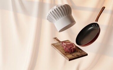 Culinary Craft: A high-angle shot presents a chef's hat, skillet, and cutting board with a raw steak floating in the air, set against a soft and warm-toned backdrop.