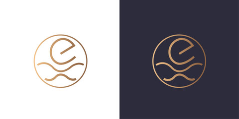 Letter E logo monogram, home waves pools minimal style identity initial logo mark. Golden gradient vector emblem logotype for business cards initials infinite symbol.