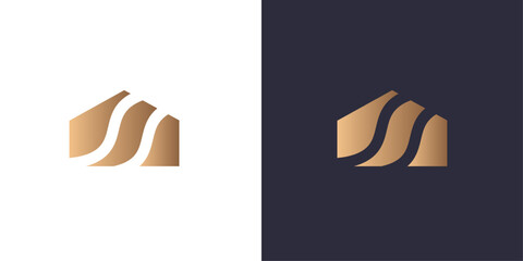 home logo, waves pools, minimal style identity logo mark. Golden gradient vector emblem logotype for business cards symbol.