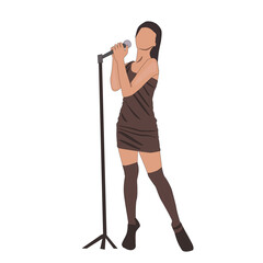 Simple illustration of a female singer standing holding a microphone in a dress