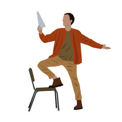 Simple illustration of an actor holding a script with his foot on a chair