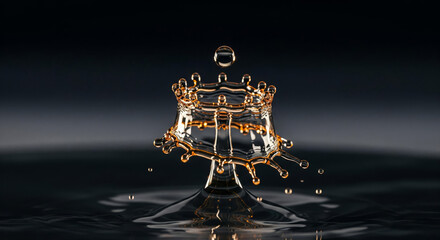 A cinematic macro shot of a water drop creating a glowing golden crown as it splashes, a powerful and elegant metaphor for royalty, success, and hidden value.