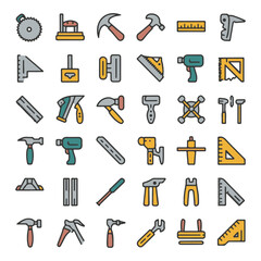 Construction Tools Colored Vector Icons, Hammer, Drill, Saw, Wrench, Measuring Instruments and Equipment
