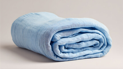 Soft and fluffy light blue towel rolled up, perfect for a relaxing bath or spa day, providing comfort and absorbency for drying off