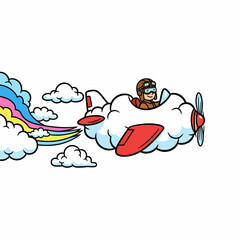 Obraz premium Cartoon Cloud Airplane with Pilot and Rainbow Trail Whimsical Sky Adventure