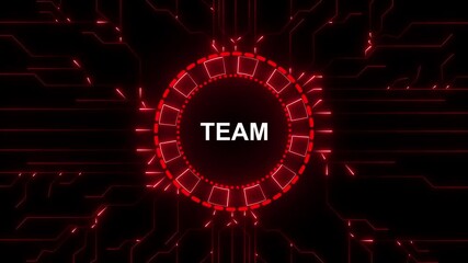 Futuristic neon red circuit board lines and glowing circular interface with T E A M text digital technology concept..4k animation - Powered by Adobe